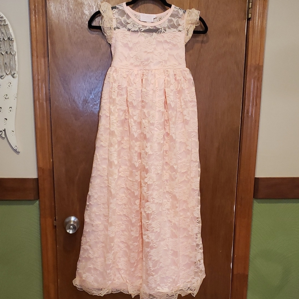 Stunning Long Lace Kids Dress in Soft Pink